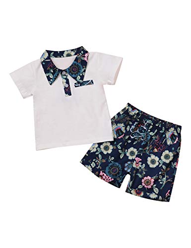 Toddler Baby Boys Clothes Short Sleeve Button-Down Polo Shirt + Floral Print Bermuda Shorts Summer Outfits Set(12-18M) Blue