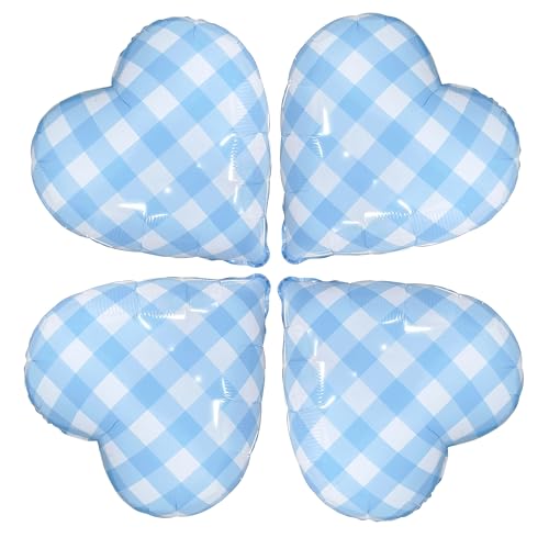 4PCS Blue Heart Shape Balloons 17 Inch Striped Plaid Heart Foil Balloon