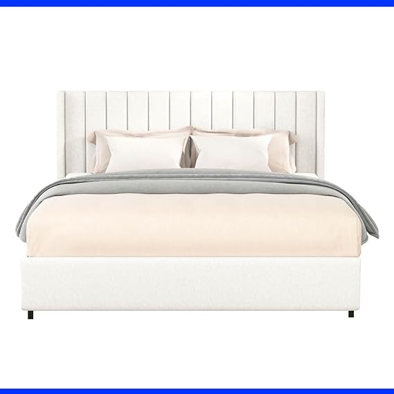 Queen Size Bed Frame with 2 Storage Drawers, Ivory