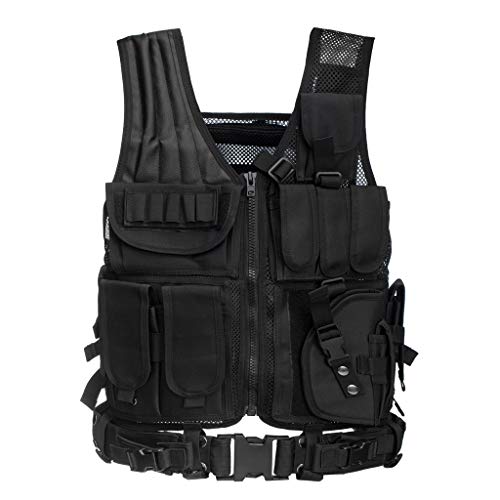 Jipemtra Tactical MOLLE Game Vest Adjustable Training Vest Detachable for Hunting Mountaineering Outdoors for Slim Person (Black)