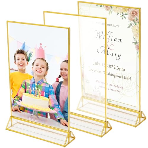 VOSSOT Lot de 3 cadres photo A5 en acrylique doré, porte-cartes de table A5, cadre photo en acrylique pour cartes de menu de restaurant, numéros de table de mariage, panneau de bienvenue