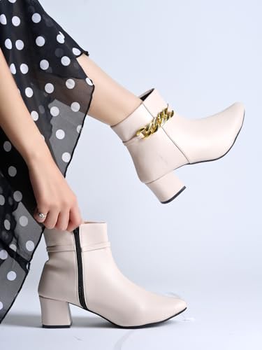 Image of Shoetopia Women's Synthetic Leather Ankle Boots - Stylish Block Heel Zip Closure Boots with Golden Buckle Detail for Casual & Party Footwear