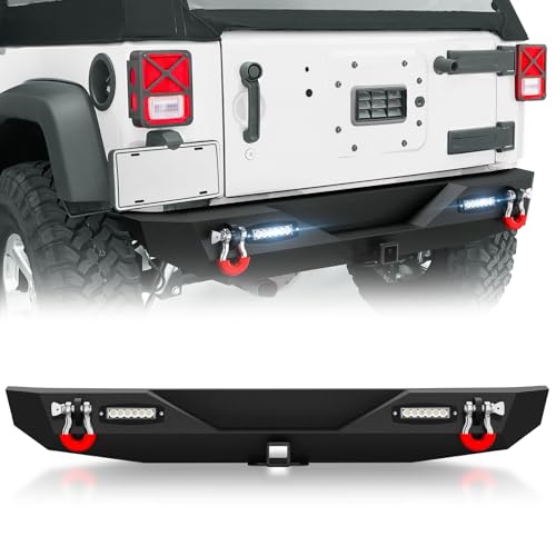 OBNAUX Rear Bumper Compatible with 2007-2018 Jeep Wrangler JK JKU Unlimited Paintable Armor D-Rings Off-Road Rear Bumper Equipped with 2 Hitch Receiver
