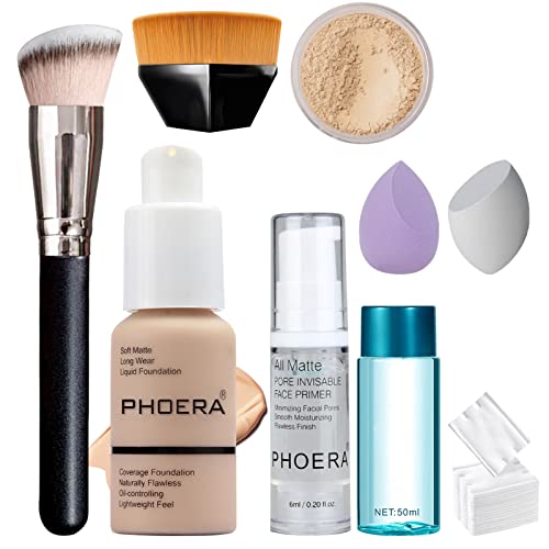 Foundation Liquid, Full Coverage Foundation Set with Makeup Face Primer, Loose Powder + Puff, Kabuki Makeup Brush Foundation Brush, 2 Makeup Sponge, Makeup Remover with 20 Cotton Pads (102# Nude)