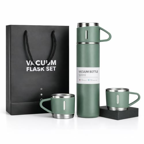 Image of 500ml Vacuum Insulated Stainless Steel Flask Set with 3 Cups Leakproof Double Wall Bottle for Tea Coffee Water Travel Office Gift Set Green