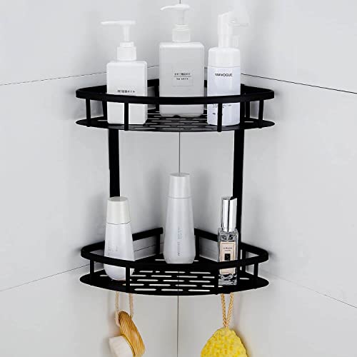 Hoomtaook Rinconera Ducha Bandeja de baño triangular negra, Cesta de ducha, Rinconera, Metal, Organizador de baño, Montaje en pared sin taladro, 2 niveles