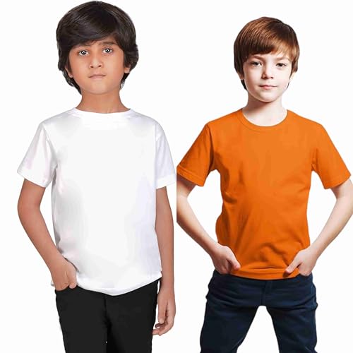 Image of Kids Round Neck T-Shirt Half Sleeves 100% Cotton Rich Soft Comfortable Fit Stylish Plain Color White+1 Combo Original Brand Tshirt for Boys