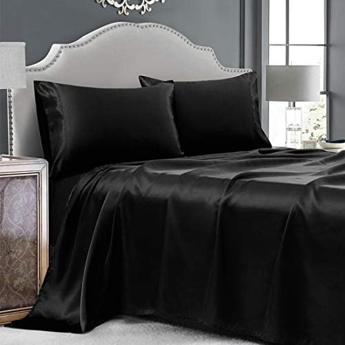 Cobedzy 4 Pcs Black Satin Sheets Full Size Silky Satin Bedding Sheets Set with 1 Deep Pocket Fitted Sheet, 1 Flat Sheet, 2 Pillowcase