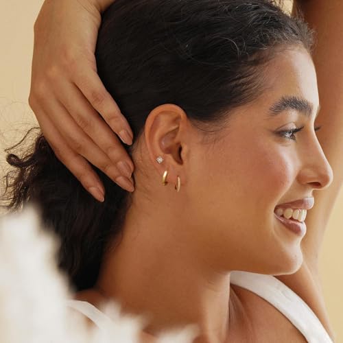 Sufope Dainty Gold Hoop Earrings Set - 14K Gold Plated Hypoallergenic Huggie Earrings with Trendy Cubic Zirconia for Multiple Piercings - Image 4