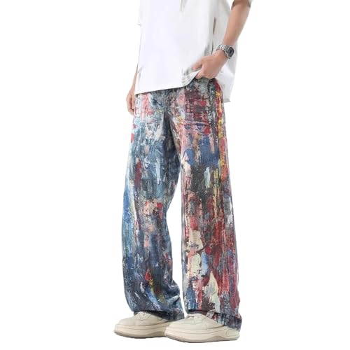 Baggy Jeans Men Tie Dye Graffiti Jeans Wide Leg Denim Pants Street Loose Fit Streetwear for Skater Denim Pants