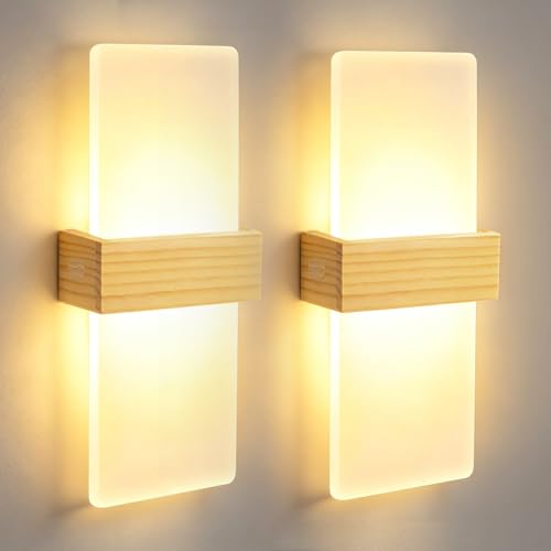 DAGORD 2 Pezzi Applique da Parete Interno LED in Legno 3000K Luce Calda 12W Lampada da Muro Interno Up Down in Acrilico Illuminazione da Parete Lampadina per Soggiorno Camera da Letto Corridoio Scala
