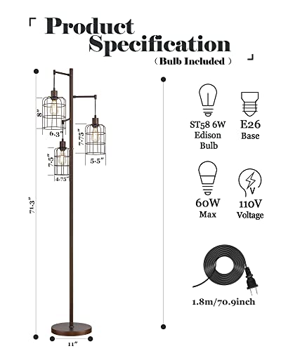 Upgraded Stepless Dimmable Tree Floor Lamp, 3 Led Edison Bulbs Included, Elyona Farmhouse 71” Tall Pole Reading Standing Light With Industrial Cage Metal Shade For Bedroom, Living Room, Office, Bronze #TOP5