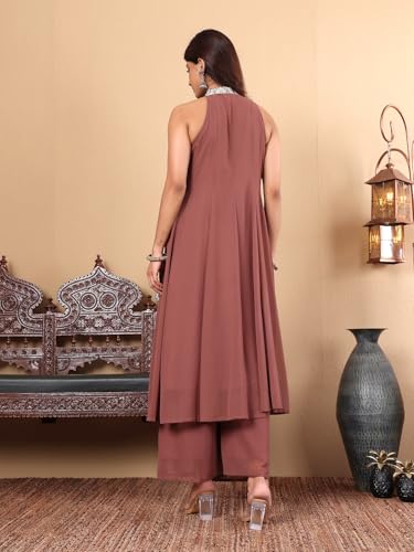 Image of Varanga Women Silk, Georgette Solid Nude Yoke Embroidered Sleeveless Flared Kurta With Trousers Co-Ord Set
