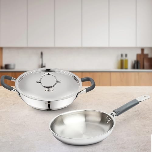 Image of Allo Stainless Steel Triply Cookware Set | Kadai with Lid (22 Cm /3 L)+ Fry Pan (22 Cm /1.5L) | Perfect Cooking Combo for Curry /Stir-Fry /Deep-Fry /DryVeg /SautA Induction Friendly Set of 3Pcs | Nonstick