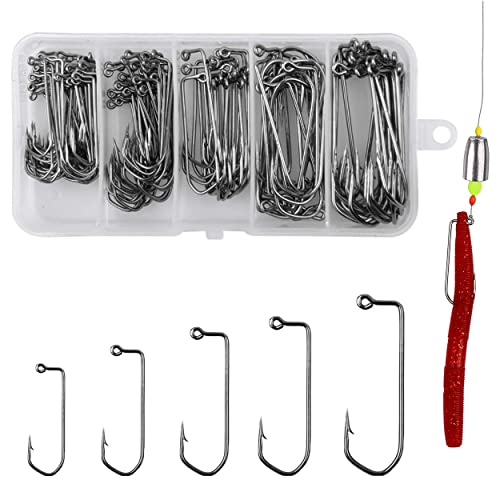 Ganchos de pesca Aberdeen - 130 ganchos de 90 grados Juego de ganchos de acero al carbono de caña larga V Bend Pesca Barbarian Jig Hooks Kit 1/0-5/0 Cover