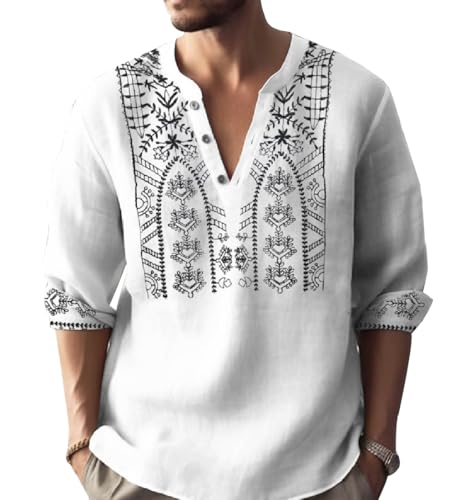 VANGARSUN Men's 3D Printed Mandarin Collar Shirt Casual Long Sleeve Henley with Intricate Pattern(White,S)