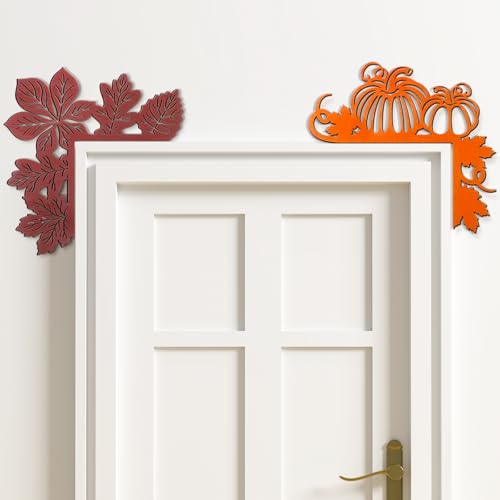 Wonderjune 2 Pcs Autumn Fall Door Topper Decor Pumpkin Door Frame Corner Maple Leaf Wooden Whimsical Sign Hanging Ornament for Fall Party Home Window Mirror Right Angle Decorations