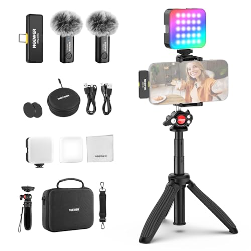 Image of NEEWER PA048 Vlogging Kit for iPhone Android Podcast YouTube with RGB LED Light/KM23 Wireless Microphone System/Selfie Stick Phone Tripod/Cleaning Cloth, Content Creator Essentials