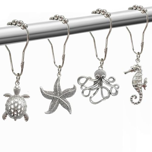 Beach Shower Curtain Hooks, Beach Bathroom Decor Starfish Sea Turtle Octopus Seahorse Ocean Shower Curtain Hooks Ring Cute Coastal Decorative Shower Hooks for Curtain Set of 12
