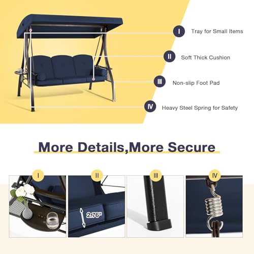 Image of HOMREST 3 Person Outdoor Porch Swing with 1.5 inch Upgraded Cup Holder, Adjustable Canopy, Backrest, Patio Swing Bed with Weather Resistant Steel Frame, Cushions for Garden,Deck and Poolside(Blue)
