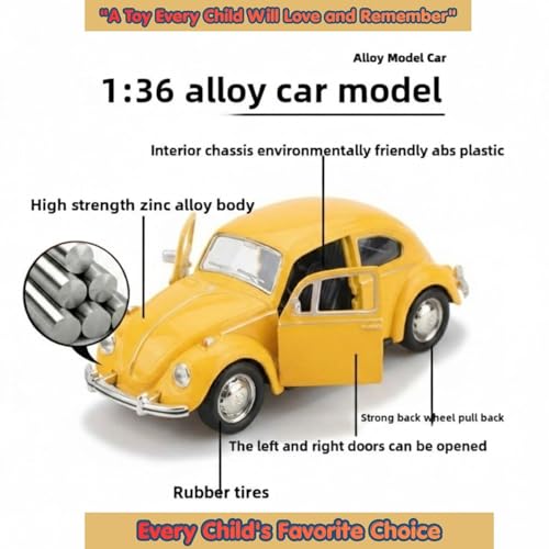 Image of Vintage Die-Cast Metal Toy Car with Openable Doors & Pull Back Action, 1:36 Scale Classic Model Vehicle, Durable Metal Body, Kids Toy Gift for Boys & Girls 3+ Years (Pack of 1) (Yellow)