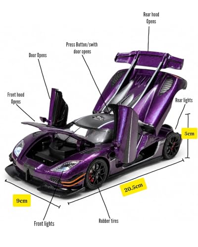 Image of 1:24 Scale Koenigsegg One:1 Diecast Model Car with LED Lights & Engine Sound | Premium Metal Body | Openable Doors via Roof Button | Realistic Collectible Toy for Kids & Adults-Purple