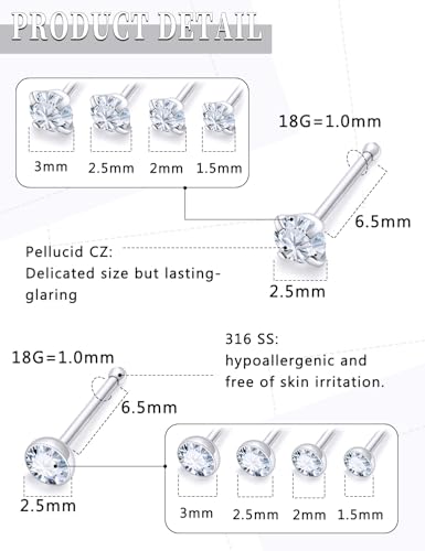 18G 20G 22G Round Cubic Zirconia Nose Rings Studs for Women Men 316L Stainless Surgical Steel Nose Ring Stud Piercing Jewelry Silver Gold Clear CZ 1.5mm 2mm 2.5mm 3mm3