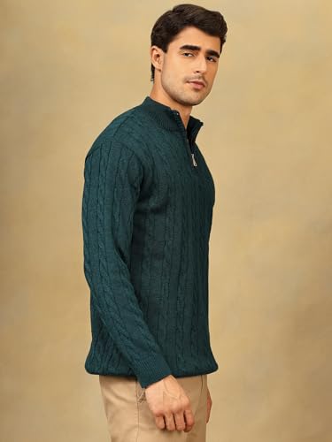 Image of Kvetoo Men's Wool High Neck Zipper Sweater, Full Sleeve Cable Knit Quarter Zip Winter Pullover