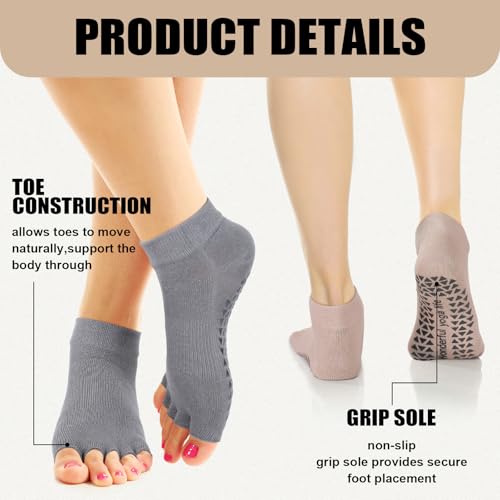 Jeyiour 5 Pairs Toeless Yoga Socks with Grips Non Slip Pilates Yoga Open Toe Pedicure Split Toe Socks for Women4