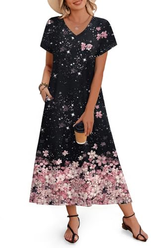 Image of Zeagoo Women Summer Floral Dress Short Sleeve Beach Dress with Pockets Casual V-Neck Split Long T-Shirt Dress Travel Vacation