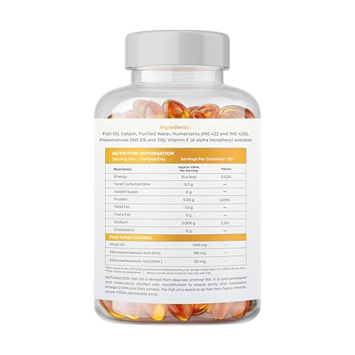 Image of Naturaltein Pro Strength Omega 3 Fish Oil 1000mg with Vitamin E | 180mg EPA & 120mg DHA | Supports Heart, Brain, Joint & Eye Health | Molecularly Distilled & Heavy Metal Tested | 60 Softgels