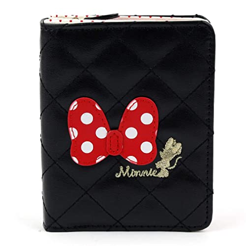 WINGHOUSE X Minnie Officially Licensed Embroidery Polka Dot Bow Ribbon Quilted Novelty My First Card Case & Money Organizer Wallet for Kids Girls Teens Womens Black