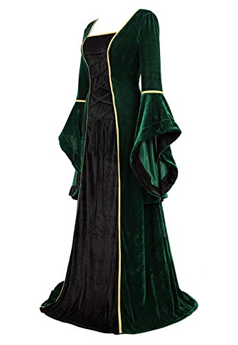 Renaissance Dress Medieval Costume Women Halloween Costumes Midevil Faire Gothic Gown Black Green-S #TOP1