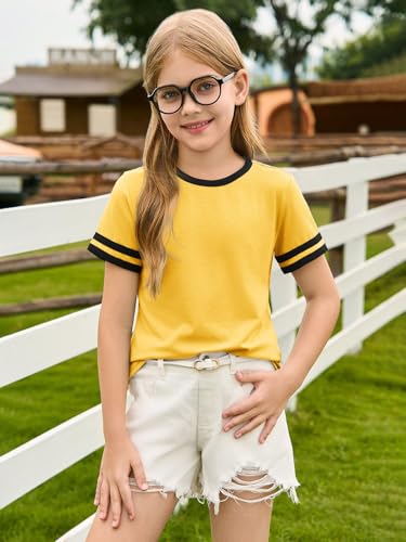 Image of Haloumoning Girls Short Sleeve T Shirts Kids Summer Crewneck Color Block Tops Fashion Tees 5-14 Years
