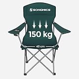 SONGMICS GCB08GN krzesło kempingowe, składane, outdoorowe, krzesło wędkarskie, wysokie oparcie, podłokietniki, uchwyty na napoje, składane, obciążenie do 150 kg, na kemping, do ogrodu, na taras,