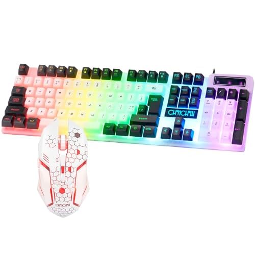 CHONCHOW Gaming Keyboard Mouse Combo Rainbow LED Backlit Ambient Light Illuminated Character Wired USB Keyboard Mice Compatible with Windows XP/7/10 iMac MacBook PS4 PS5 Xbox one(White and Black)