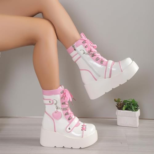 GUNIYIFS Platform Ankle Boots for Women Gothic Wedge High Chunky Punk Combat Boots Pink Cute Lace up Side Zip Dress Booties3