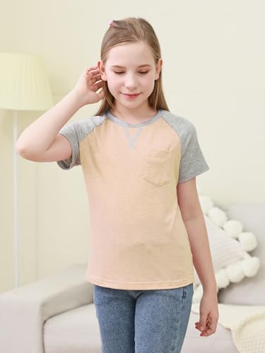 Image of GORLYA 2 Pack Girls Contrast Raglan Sleeve T-Shirt Casual Simple Basic Tee Tops with Pocket for 8-16Y