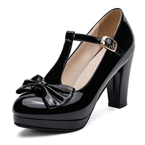 Odetina T-Strap Lack Leder Kleid Pumps Block High Heel für Frauen Chic Komfort Plattform Mary Janes Geschlossene Zehen Schleife Cosplay Lolita Kawaii Schuhe, Schwarz (schwarz), 40.5 EU Cover
