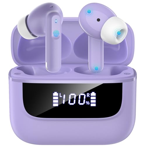 Wireless Earbuds Bluetooth 5.4, 6 Mic ENC Noise Cancelling Clear Call, in Ear Buds Deep Bass HiFi Stereo Sound, Big Dual LED Display 48H Playtime Earphones IP7 Waterproof Headphones Android iOS Purple