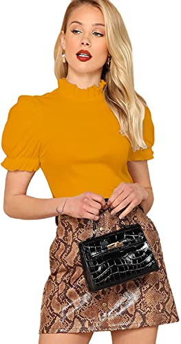 Image of Shasmi Women's & Girl's Polyester Pleated High Neck Short Puff Sleeve Ruched Bust Solid Regular Fit Top