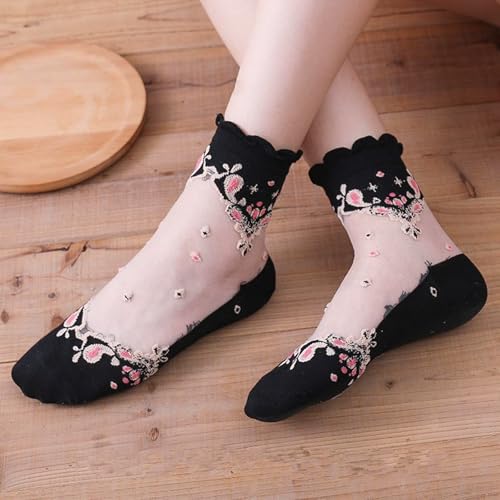 cobee 5 Pairs Sheer Socks Women, Lace Ankle Nylon Mesh Socks, Floral Cute Transparent Socks See Through Socks For Women3