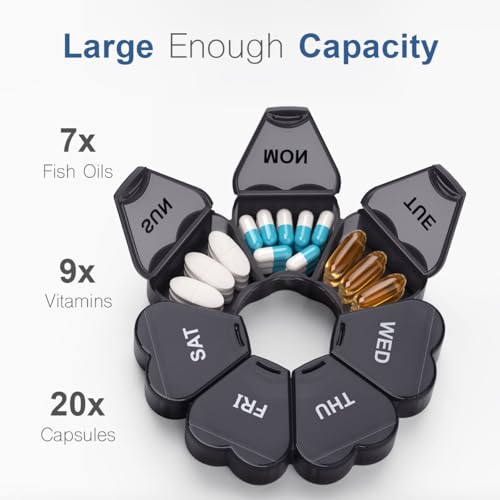 Large Weekly Pill Organizer, Pill Box 7 Day, KAPENS Daily Vitamin Case Large Capacity Compartments, Pill Containers for Fish Oil Medicine Supplements, Black - Image 3