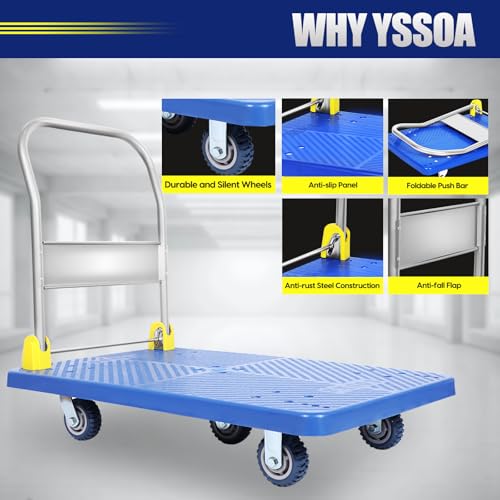 YSSOA Platform Truck with 440lb Weight Capacity and 360 Degree Swivel Wheels, Foldable Push Hand Cart for Loading and Storage, Blue by YSSOA - Image 4
