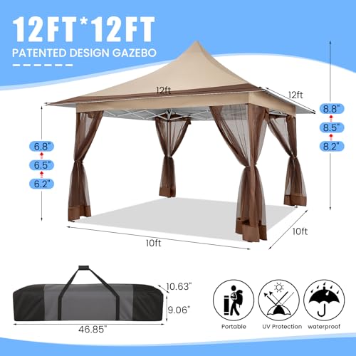 Image of COBIZI 12x12 Pop up Canopy Gazebo on Clearance, Outdoor Canopy Tent with Mosquito Netting & Sandbags,Patio Portable Gazebo for Garden,Backyard & Lawn,Khaki