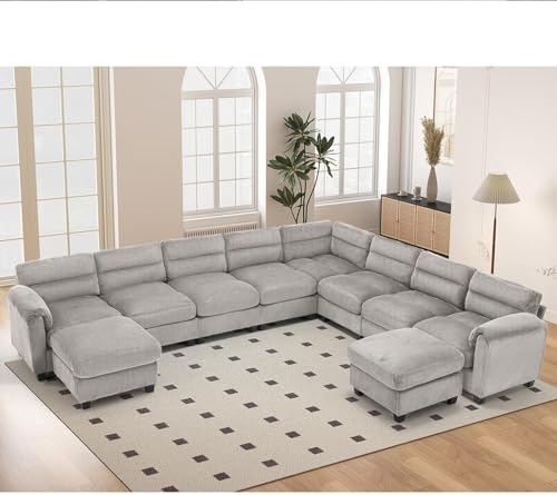HAOMARKETS Oversized 135" Modular Sectional L Shaped Corner Sofa Couch with 2 Movable Ottoman, Premium Corduroy 10-Seater Couches with Rolled Arms and Thick Cushion for Living Room, Grey