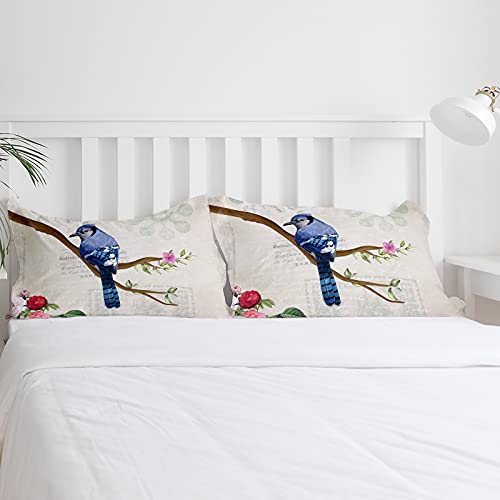 Partyshow 4 Piece Bed Sets Full, Blue Jay Bird Tree Branches Spring Floral Bedroom Comforters Cover Bed Sheet With 2 Pc Pillowcases For Girls/Boys/Bedroom, Retro Letter Postage Stamp #TOP4