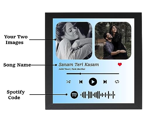 Image of Personalized Spotify Song Wall Mount Barcode With Two Photo & Song Name Digital Print Wooden Rectangular Photo Frame For Birthday Gifts - Blue & White - 8X8 Inch