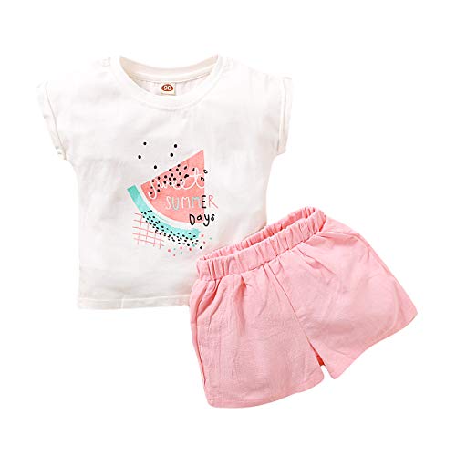 YOUNGER STAR Toddler Baby Girls Clothes Watermelon T-Shirt + Linen Shorts Casual Summer Short Set (White, 2-3 T)