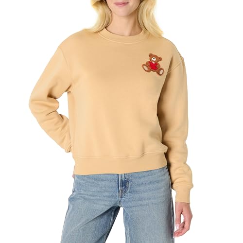 Amazon Essentials x Sofia Grainge Womens Relaxed Fit Boxy Drop Shoulder Crewneck Sweatshirt Light Camel Bear Heart Medium